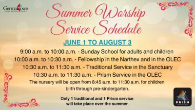 We resume our normal worship service schedule on August 10
