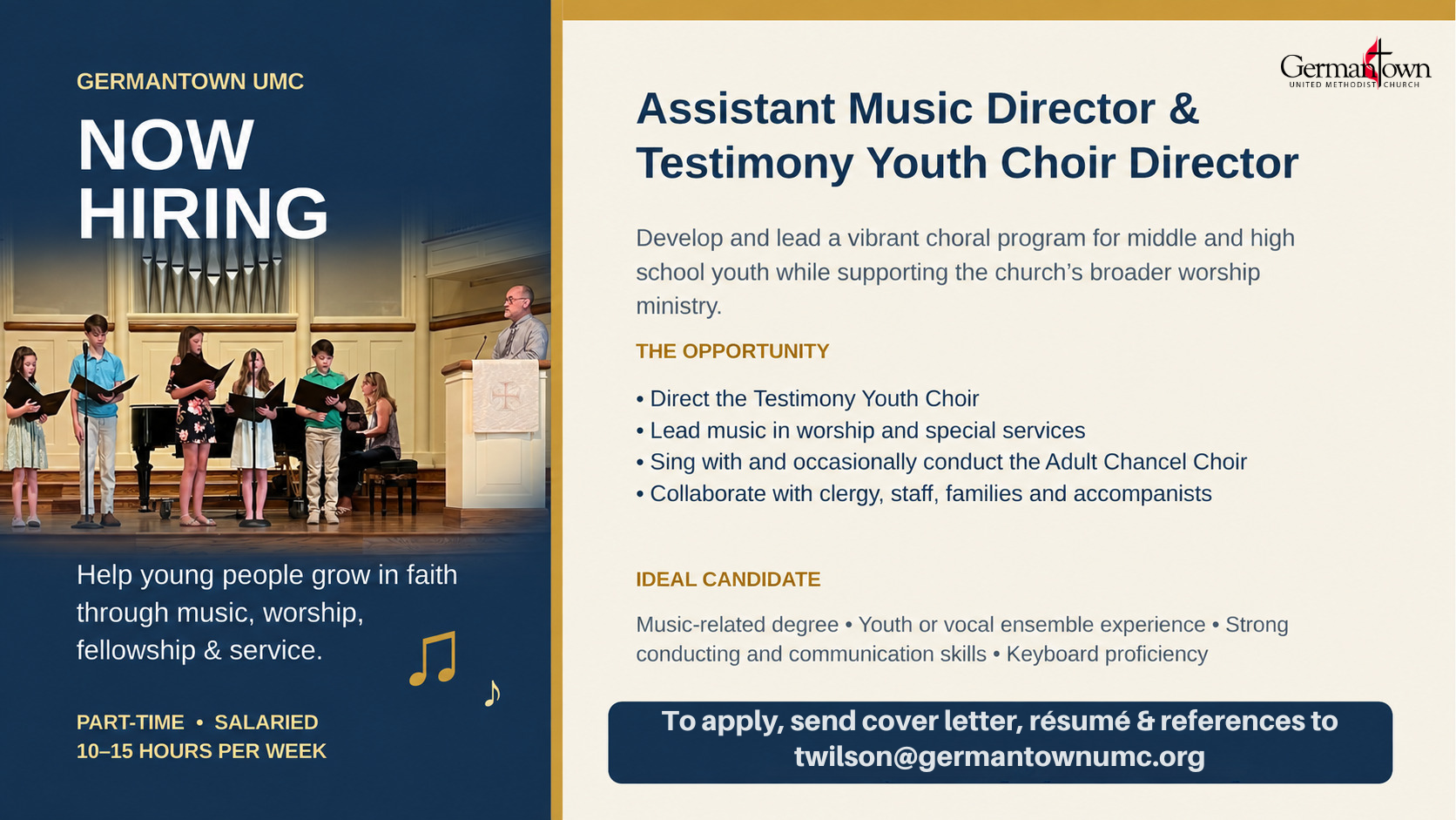 Job Opening – Assistant Music Director & Testimony Youth Choir Director